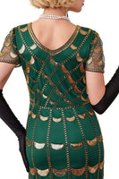 Laden Sie das Bild in den Galerie-Viewer, Grünes Doldenes V-Ausschnitt mit kurzen durchsichtigen Ärmeln Pailletten Bodycon 1920er Jahre Kleid mit Fransen
