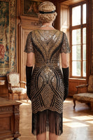 Laden Sie das Bild in den Galerie-Viewer, Rot Goldenes V-Ausschnitt Pailletten Bodycon Kurzes Kleid der 1920er Jahre mit Fransensaum