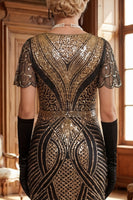 Laden Sie das Bild in den Galerie-Viewer, Rot Goldenes V-Ausschnitt Pailletten Bodycon Kurzes Kleid der 1920er Jahre mit Fransensaum