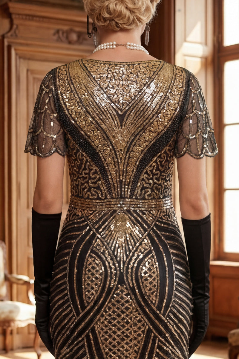 Laden Sie das Bild in den Galerie-Viewer, Rot Goldenes V-Ausschnitt Pailletten Bodycon Kurzes Kleid der 1920er Jahre mit Fransensaum