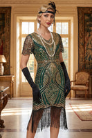 Laden Sie das Bild in den Galerie-Viewer, Rot Goldenes V-Ausschnitt Pailletten Bodycon Kurzes Kleid der 1920er Jahre mit Fransensaum