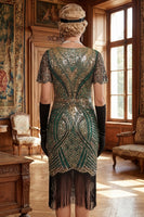 Laden Sie das Bild in den Galerie-Viewer, Rot Goldenes V-Ausschnitt Pailletten Bodycon Kurzes Kleid der 1920er Jahre mit Fransensaum