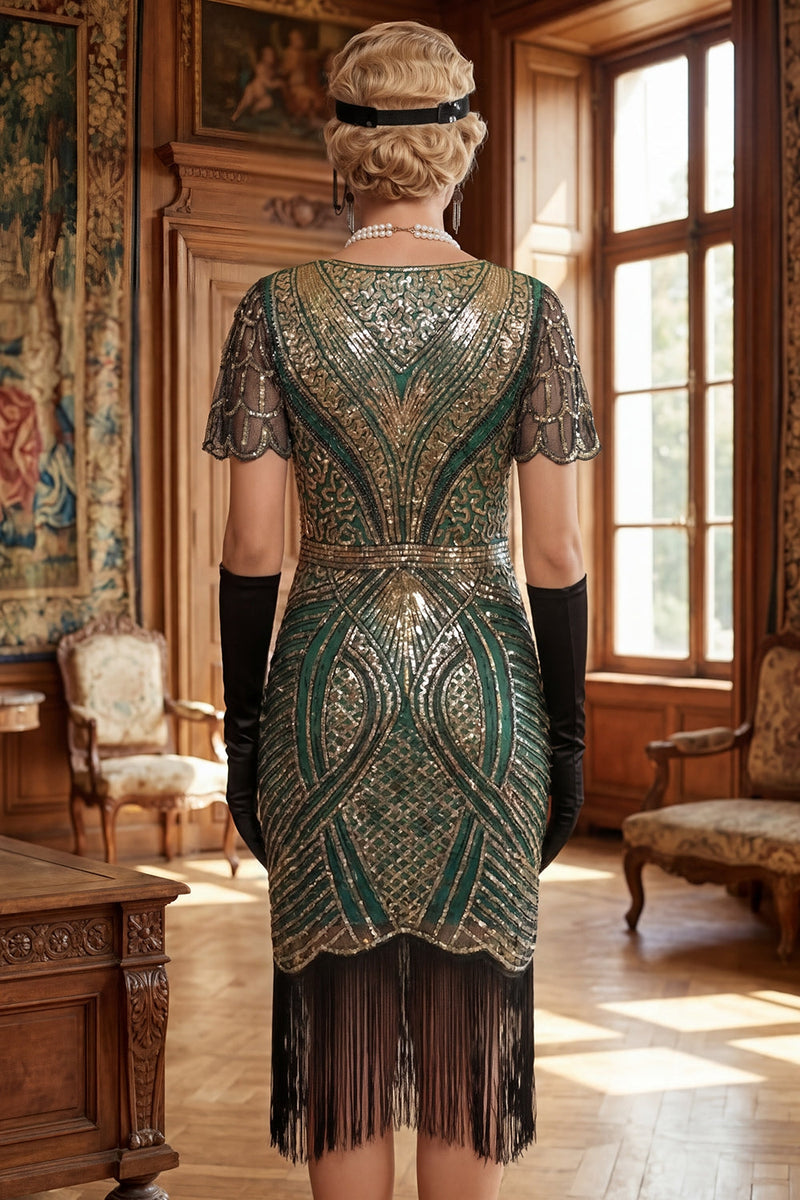 Laden Sie das Bild in den Galerie-Viewer, Rot Goldenes V-Ausschnitt Pailletten Bodycon Kurzes Kleid der 1920er Jahre mit Fransensaum
