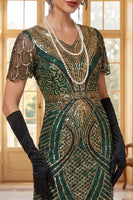 Laden Sie das Bild in den Galerie-Viewer, Rot Goldenes V-Ausschnitt Pailletten Bodycon Kurzes Kleid der 1920er Jahre mit Fransensaum