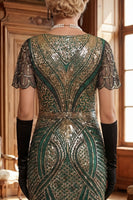 Laden Sie das Bild in den Galerie-Viewer, Rot Goldenes V-Ausschnitt Pailletten Bodycon Kurzes Kleid der 1920er Jahre mit Fransensaum