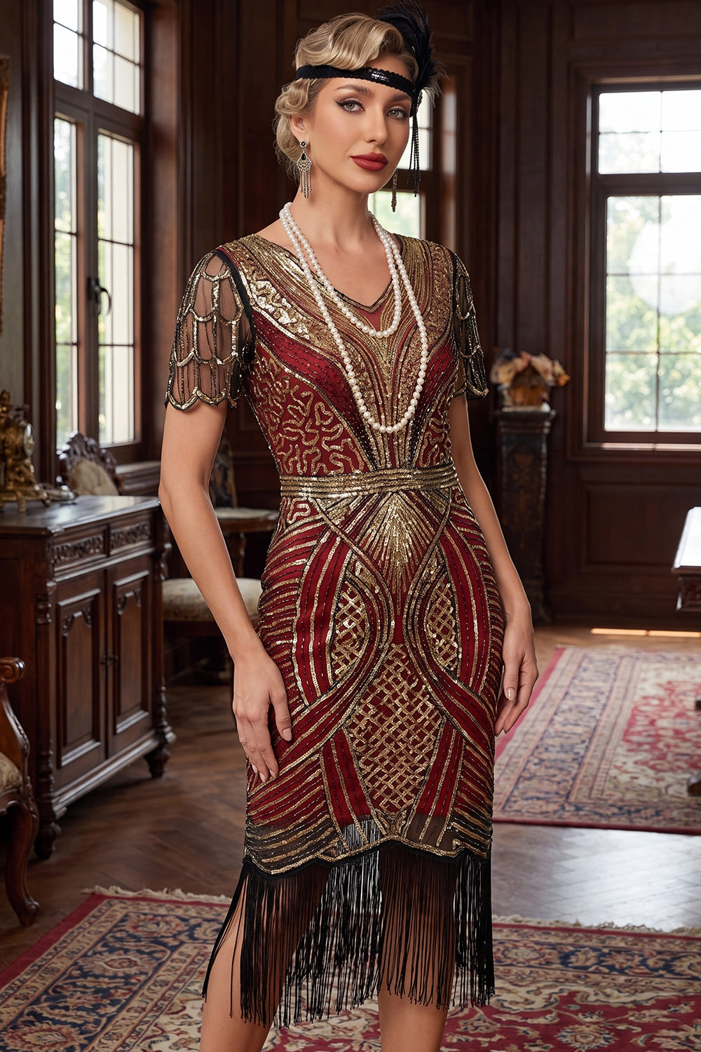 Rot Goldenes V-Ausschnitt Pailletten Bodycon Kurzes 20er Jahre Kleid mit Fransensaum