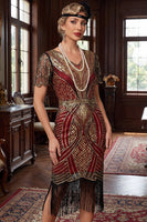 Laden Sie das Bild in den Galerie-Viewer, Rot Goldenes V-Ausschnitt Pailletten Bodycon Kurzes Kleid der 1920er Jahre mit Fransensaum