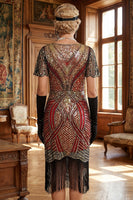 Laden Sie das Bild in den Galerie-Viewer, Rot Goldenes V-Ausschnitt Pailletten Bodycon Kurzes Kleid der 1920er Jahre mit Fransensaum