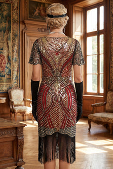 Rot Goldenes V-Ausschnitt Pailletten Bodycon Kurzes Kleid der 1920er Jahre mit Fransensaum
