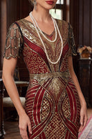 Laden Sie das Bild in den Galerie-Viewer, Rot Goldenes V-Ausschnitt Pailletten Bodycon Kurzes Kleid der 1920er Jahre mit Fransensaum