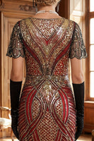 Laden Sie das Bild in den Galerie-Viewer, Rot Goldenes V-Ausschnitt Pailletten Bodycon Kurzes Kleid der 1920er Jahre mit Fransensaum