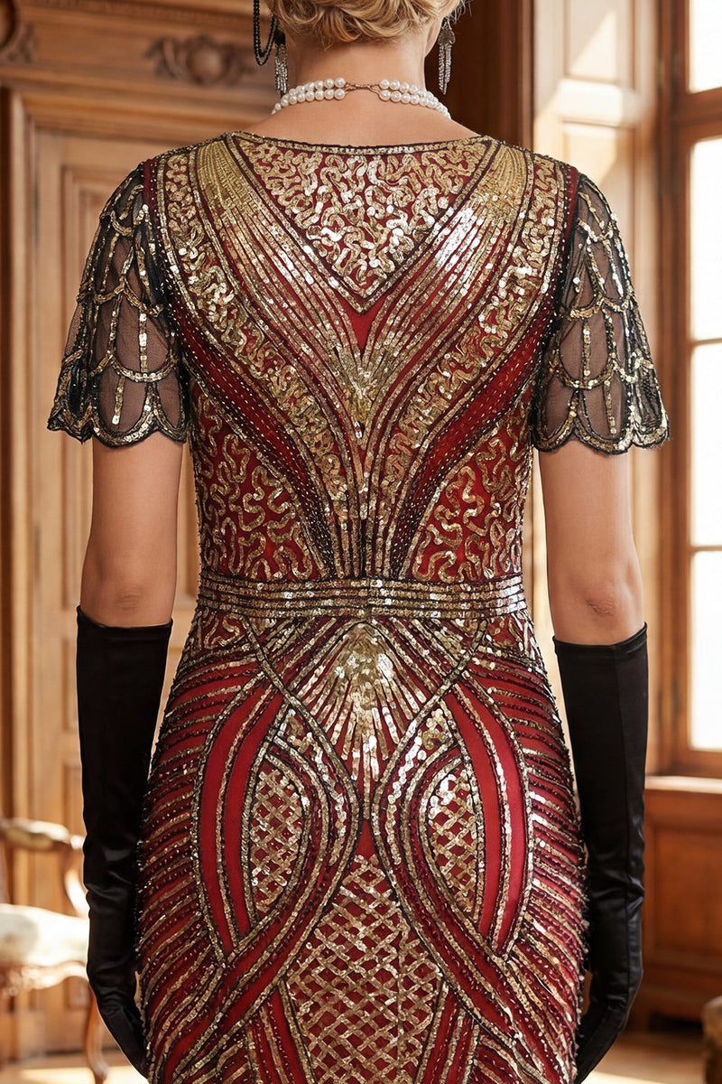 Laden Sie das Bild in den Galerie-Viewer, Rot Goldenes V-Ausschnitt Pailletten Bodycon Kurzes Kleid der 1920er Jahre mit Fransensaum