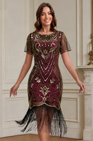 Laden Sie das Bild in den Galerie-Viewer, Great Gatsby Party Kurzärmeliges Pailletten Flapperkleid aus den 1920er Jahren