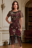 Laden Sie das Bild in den Galerie-Viewer, Great Gatsby Party Kurzärmeliges Pailletten Flapperkleid aus den 1920er Jahren