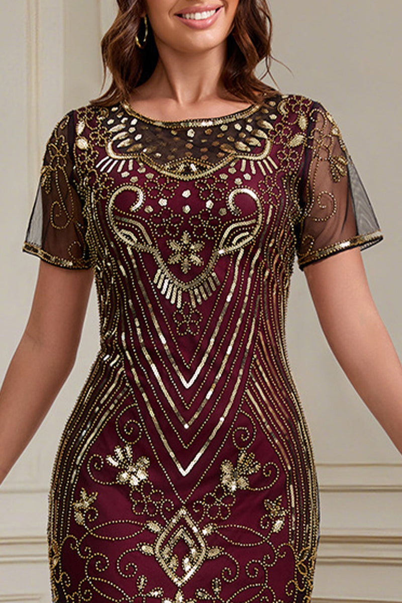 Laden Sie das Bild in den Galerie-Viewer, Great Gatsby Party Kurzärmeliges Pailletten Flapperkleid aus den 1920er Jahren