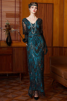 Laden Sie das Bild in den Galerie-Viewer, Schwarzes Blaues Pailletten V-Ausschnitt mit halben Ärmeln Langes 1920er Jahre Kleid mit Perlenbesatz
