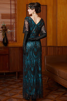 Laden Sie das Bild in den Galerie-Viewer, Schwarzes Blaues Pailletten V-Ausschnitt mit halben Ärmeln Langes 1920er Jahre Kleid mit Perlenbesatz