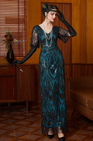 Laden Sie das Bild in den Galerie-Viewer, Schwarzes Blaues Pailletten V-Ausschnitt mit halben Ärmeln Langes 1920er Jahre Kleid mit Perlenbesatz