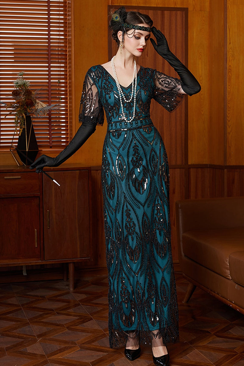 Laden Sie das Bild in den Galerie-Viewer, Schwarzes Blaues Pailletten V-Ausschnitt mit halben Ärmeln Langes 1920er Jahre Kleid mit Perlenbesatz