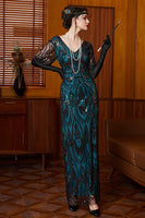 Laden Sie das Bild in den Galerie-Viewer, Schwarzes Blaues Pailletten V-Ausschnitt mit halben Ärmeln Langes 1920er Jahre Kleid mit Perlenbesatz