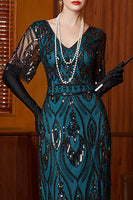 Laden Sie das Bild in den Galerie-Viewer, Schwarzes Blaues Pailletten V-Ausschnitt mit halben Ärmeln Langes 1920er Jahre Kleid mit Perlenbesatz