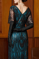 Laden Sie das Bild in den Galerie-Viewer, Schwarzes Blaues Pailletten V-Ausschnitt mit halben Ärmeln Langes 1920er Jahre Kleid mit Perlenbesatz