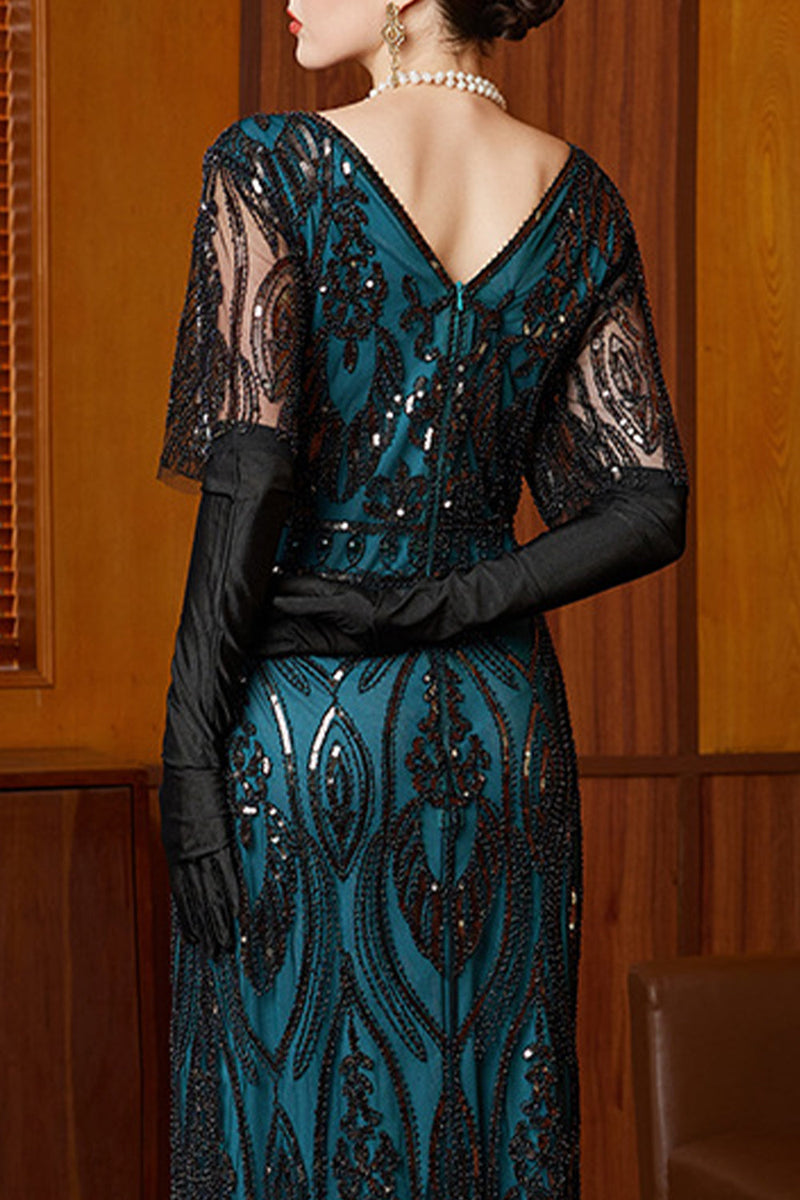 Laden Sie das Bild in den Galerie-Viewer, Schwarzes Blaues Pailletten V-Ausschnitt mit halben Ärmeln Langes 1920er Jahre Kleid mit Perlenbesatz