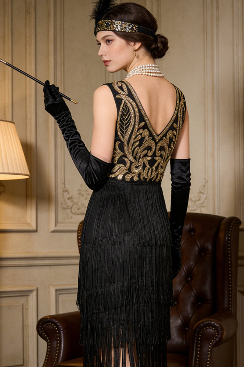 Laden Sie das Bild in den Galerie-Viewer, Gold Bestickter Flapper Fransen Kostüm Great Gatsby Partykleid der 1920er Jahre