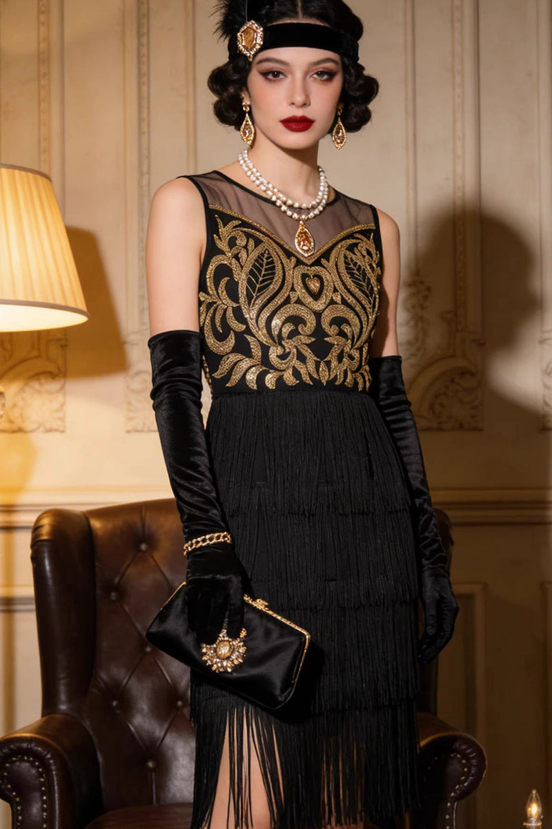 Laden Sie das Bild in den Galerie-Viewer, Gold Bestickter Flapper Fransen Kostüm Great Gatsby Partykleid der 1920er Jahre