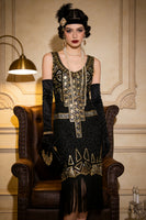 Laden Sie das Bild in den Galerie-Viewer, Vintage-Schwarzgold-Pailletten-Flapper Great Gatsby Partykleid aus den 1920er Jahren