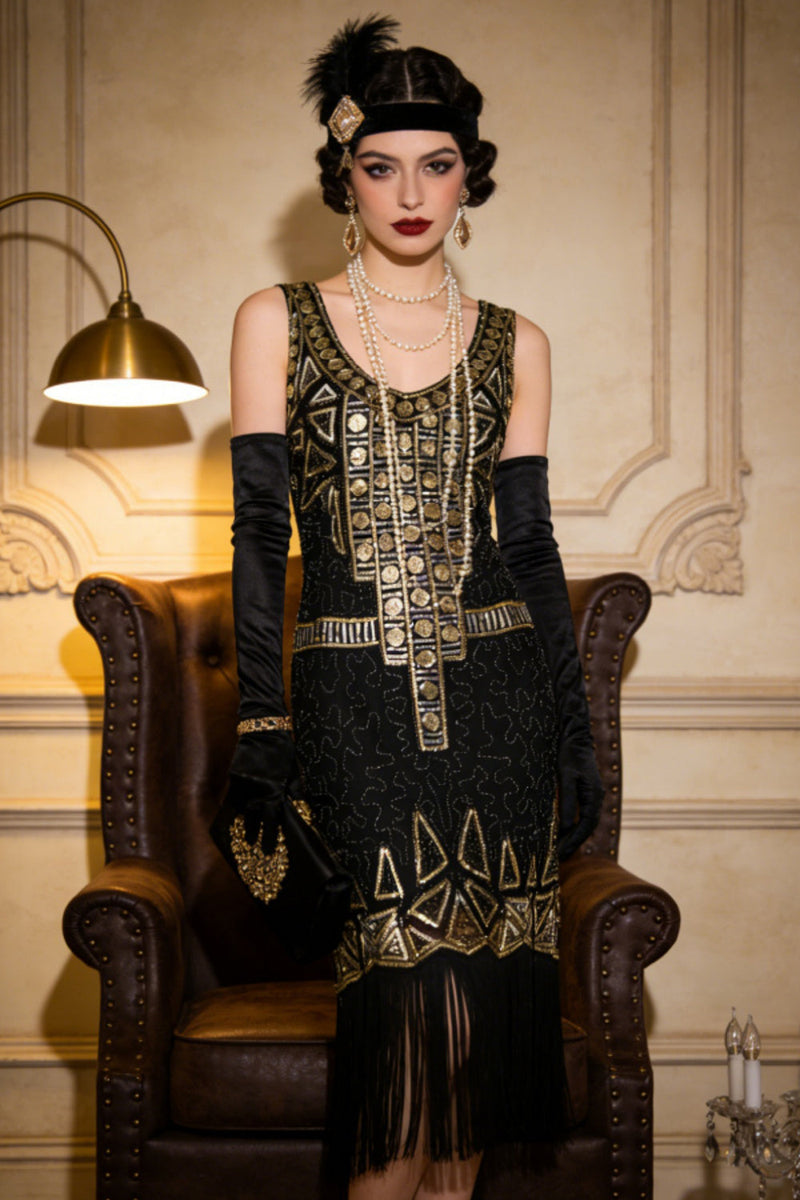 Laden Sie das Bild in den Galerie-Viewer, Vintage-Schwarzgold-Pailletten-Flapper Great Gatsby Partykleid aus den 1920er Jahren