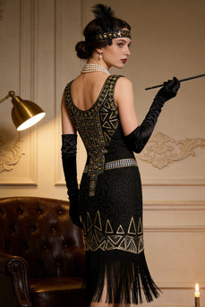 Vintage Schwarzgold Pailletten Flapper Great Gatsby Partykleid aus den 1920er Jahren