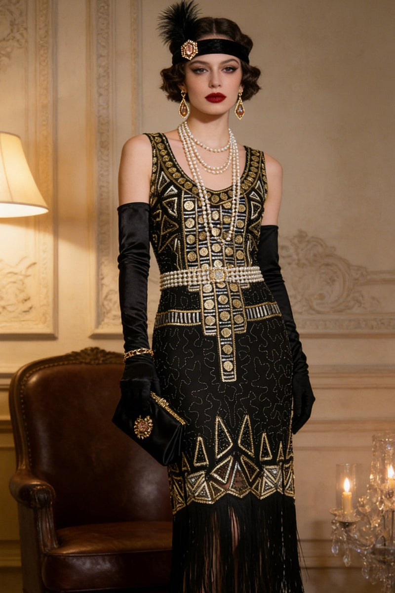 Laden Sie das Bild in den Galerie-Viewer, Vintage-Schwarzgold-Pailletten-Flapper Great Gatsby Partykleid aus den 1920er Jahren
