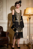 Laden Sie das Bild in den Galerie-Viewer, Vintage-Schwarzgold-Pailletten-Flapper Great Gatsby Partykleid aus den 1920er Jahren