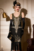 Laden Sie das Bild in den Galerie-Viewer, Vintage-Schwarzgold-Pailletten-Flapper Great Gatsby Partykleid aus den 1920er Jahren