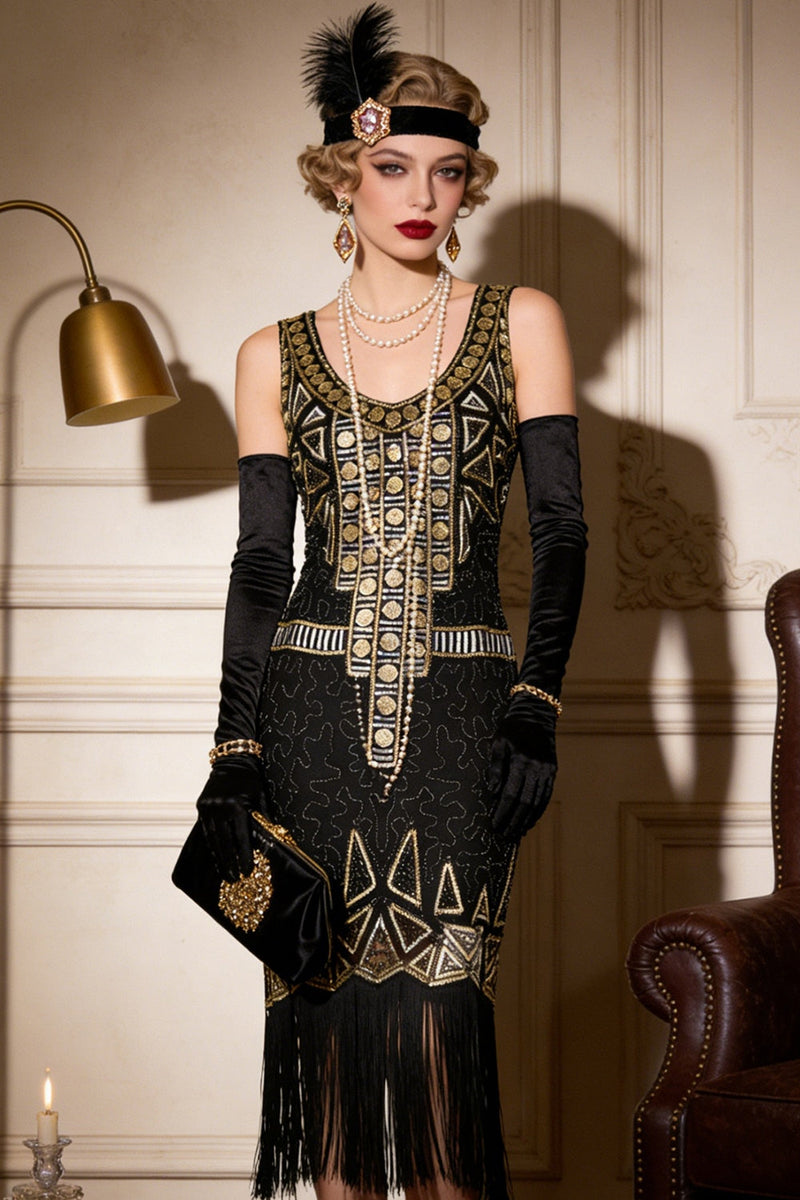 Laden Sie das Bild in den Galerie-Viewer, Vintage-Schwarzgold-Pailletten-Flapper Great Gatsby Partykleid aus den 1920er Jahren