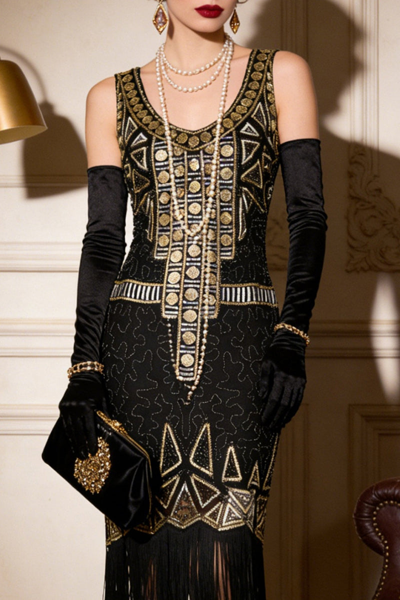 Laden Sie das Bild in den Galerie-Viewer, Vintage-Schwarzgold-Pailletten-Flapper Great Gatsby Partykleid aus den 1920er Jahren