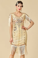 Laden Sie das Bild in den Galerie-Viewer, Glitzernder Bodycon V-Ausschnitt Pailletten mit Fransen Schulterärmel Kleid der 1920er Jahre