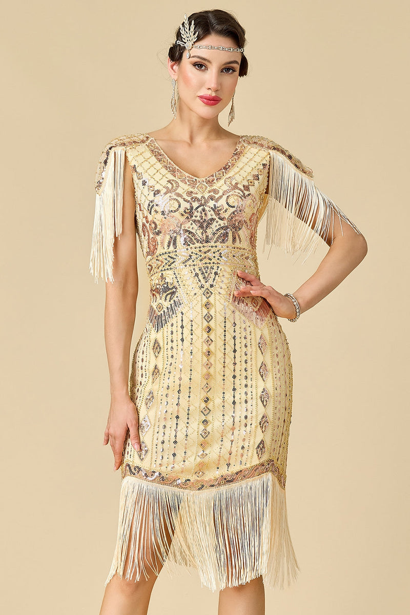 Laden Sie das Bild in den Galerie-Viewer, Glitzernder Bodycon V-Ausschnitt Pailletten mit Fransen Schulterärmel Kleid der 1920er Jahre