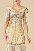 Laden Sie das Bild in den Galerie-Viewer, Glitzernder Bodycon V-Ausschnitt Pailletten mit Fransen Schulterärmel Kleid der 1920er Jahre