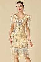 Laden Sie das Bild in den Galerie-Viewer, Glitzernder Bodycon V-Ausschnitt Pailletten mit Fransen Schulterärmel Kleid der 1920er Jahre