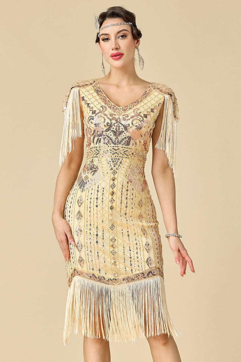 Laden Sie das Bild in den Galerie-Viewer, Glitzernder Bodycon V-Ausschnitt Pailletten mit Fransen Schulterärmel Kleid der 1920er Jahre