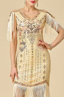 Laden Sie das Bild in den Galerie-Viewer, Glitzernder Bodycon V-Ausschnitt Pailletten mit Fransen Schulterärmel Kleid der 1920er Jahre