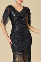Laden Sie das Bild in den Galerie-Viewer, Glitzernder Bodycon V-Ausschnitt Pailletten mit Fransen Schulterärmel Kleid der 1920er Jahre