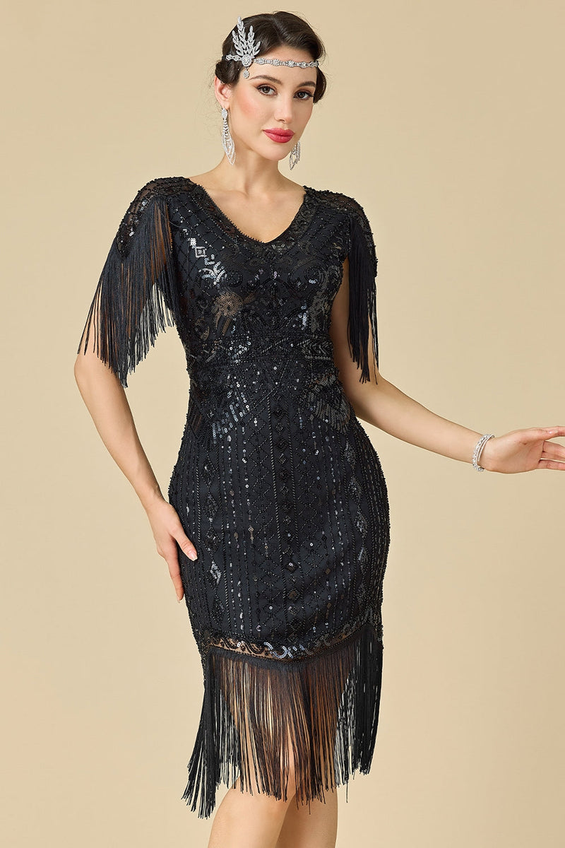 Laden Sie das Bild in den Galerie-Viewer, Glitzernder Bodycon V-Ausschnitt Pailletten mit Fransen Schulterärmel Kleid der 1920er Jahre