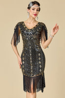 Laden Sie das Bild in den Galerie-Viewer, Glitzernder Bodycon V-Ausschnitt Pailletten mit Fransen Schulterärmel Kleid der 1920er Jahre