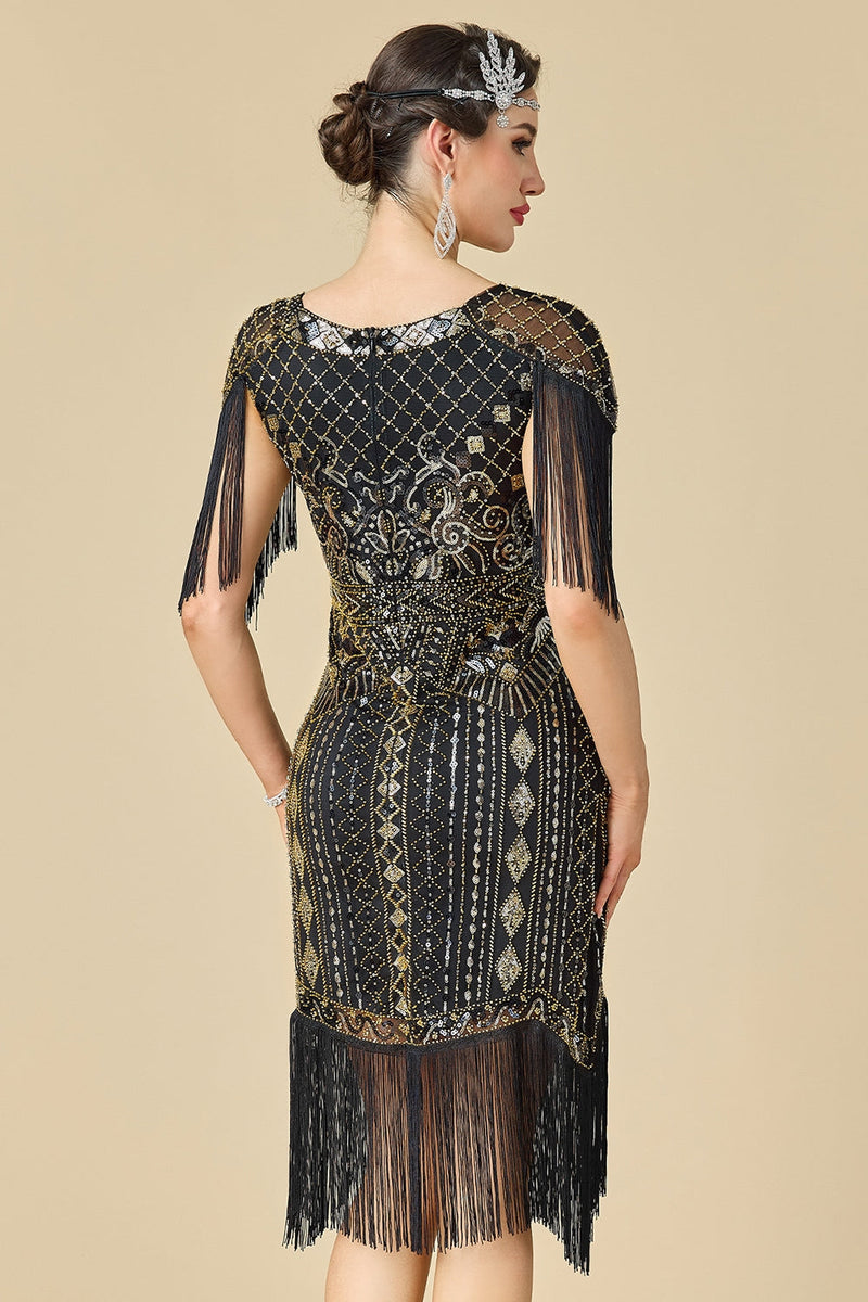 Laden Sie das Bild in den Galerie-Viewer, Glitzernder Bodycon V-Ausschnitt Pailletten mit Fransen Schulterärmel Kleid der 1920er Jahre