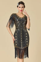 Laden Sie das Bild in den Galerie-Viewer, Glitzernder Bodycon V-Ausschnitt Pailletten mit Fransen Schulterärmel Kleid der 1920er Jahre