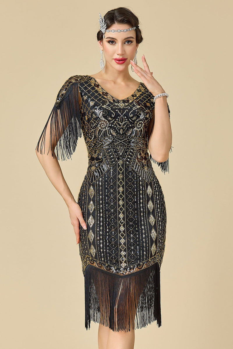 Laden Sie das Bild in den Galerie-Viewer, Glitzernder Bodycon V-Ausschnitt Pailletten mit Fransen Schulterärmel Kleid der 1920er Jahre