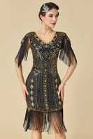 Laden Sie das Bild in den Galerie-Viewer, Glitzernder Bodycon V-Ausschnitt Pailletten mit Fransen Schulterärmel Kleid der 1920er Jahre